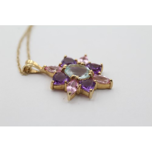 1141 - A 9ct gold pink sapphire, aquamarine and amethyst cluster pendant necklace - approx. gross weight 3.... 