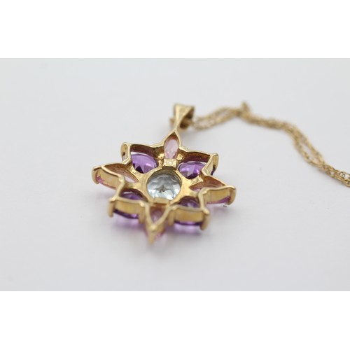 1141 - A 9ct gold pink sapphire, aquamarine and amethyst cluster pendant necklace - approx. gross weight 3.... 