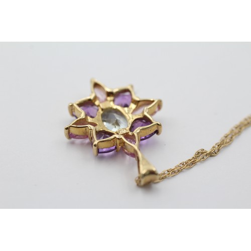 1141 - A 9ct gold pink sapphire, aquamarine and amethyst cluster pendant necklace - approx. gross weight 3.... 