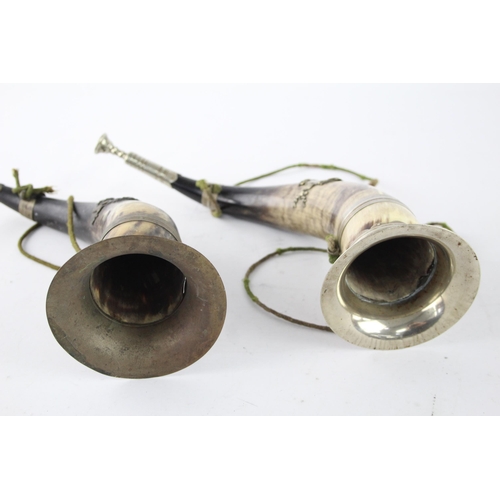 542 - Two antique hunting horns with silver plated decoration - approx. 35cm long