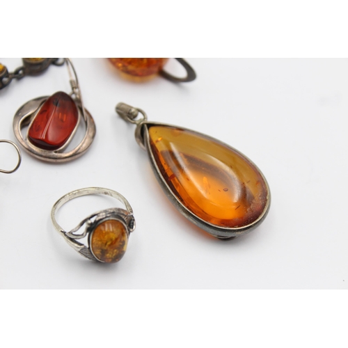 1164 - Six pieces of .925 silver amber set jewellery - approx. gross weight 55 grams