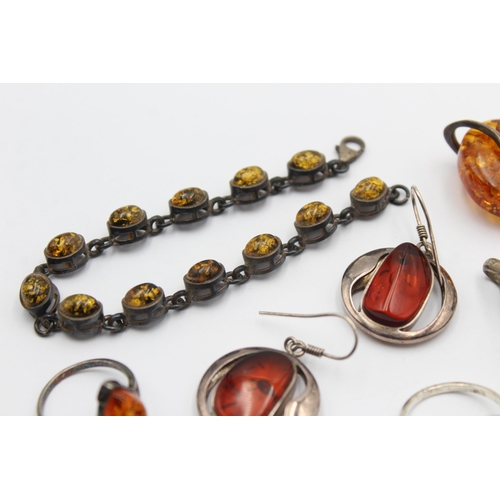 1164 - Six pieces of .925 silver amber set jewellery - approx. gross weight 55 grams