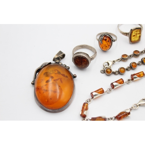 1174 - Six pieces of .925 silver amber set jewellery - approx. gross weight 50 grams