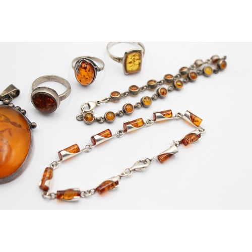 1174 - Six pieces of .925 silver amber set jewellery - approx. gross weight 50 grams