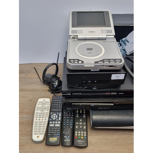 574 - A collection of AV items to include Sony 4K content creator, Wharfdale DVDR24HD, ten Sony satellite ... 