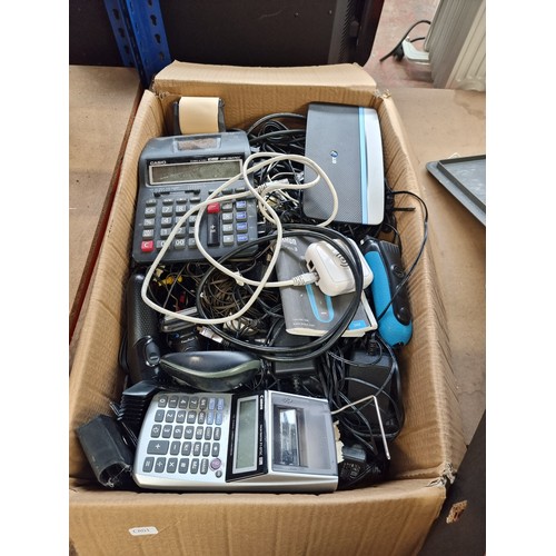 609 - Two boxes containing a printer, printer accessories and various bits of tech