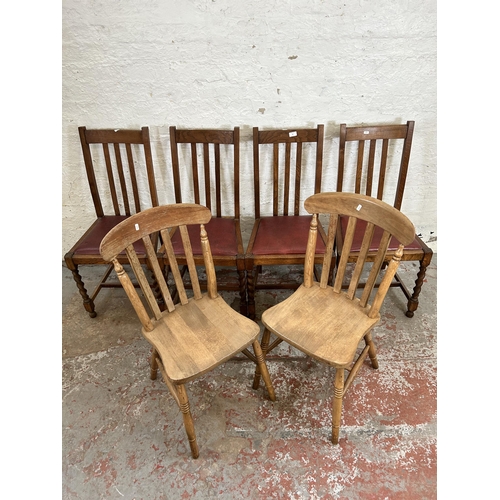 30 - Six dining chairs, four oak on barley twist supports and two Victorian style beech spindle back