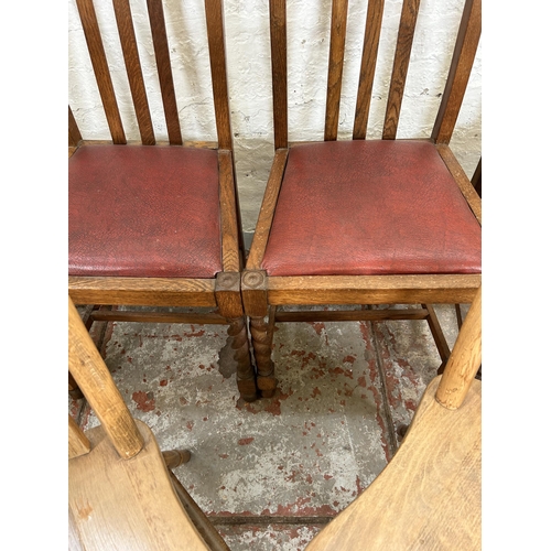 30 - Six dining chairs, four oak on barley twist supports and two Victorian style beech spindle back