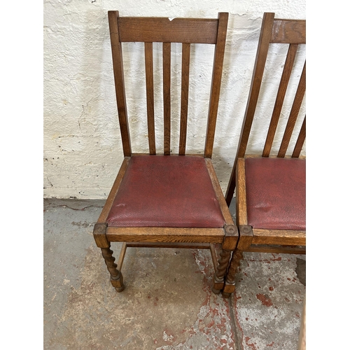 30 - Six dining chairs, four oak on barley twist supports and two Victorian style beech spindle back