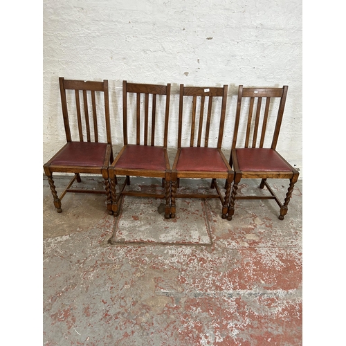 30 - Six dining chairs, four oak on barley twist supports and two Victorian style beech spindle back