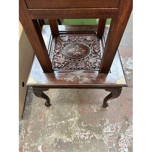 84 - Two pieces of furniture, one modern oak side table with single drawer and one Indian brass inlaid ha... 