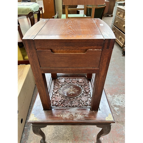 84 - Two pieces of furniture, one modern oak side table with single drawer and one Indian brass inlaid ha... 