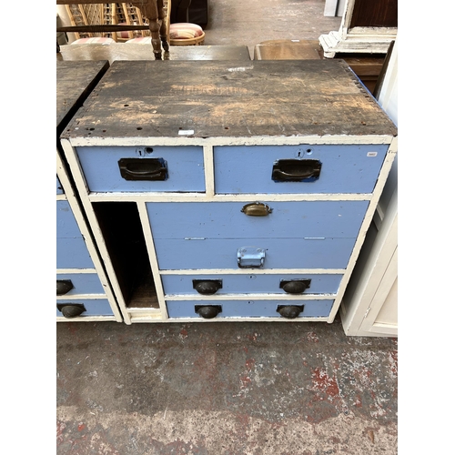 119 - A pair of late 19th/early 20th century Hobbs & Co. blue and white painted shop cabinets - approx. 94... 