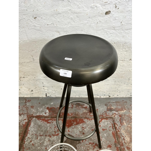 120 - Three items, one industrial style metal kitchen bar stool and two modern metal toilet roll holders