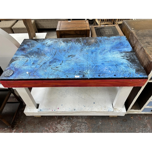 122 - A modern painted pine and MDF two tier work bench