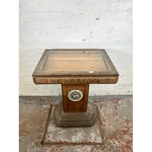 130 - A mid/late 20th century Transport and General Workers Union oak and glass remembrance table - approx... 