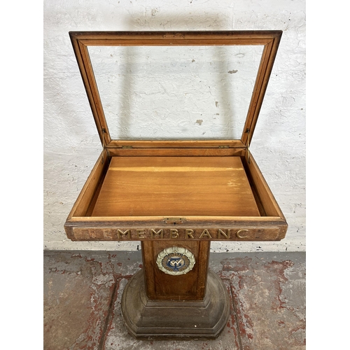 130 - A mid/late 20th century Transport and General Workers Union oak and glass remembrance table - approx... 