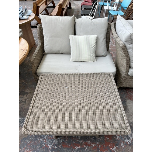 148 - A Bramblecrest wicker effect five piece garden suite comprising three seater sofa, two seater corner... 