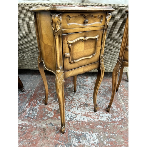 161 - Two French walnut and marble bedside cabinets