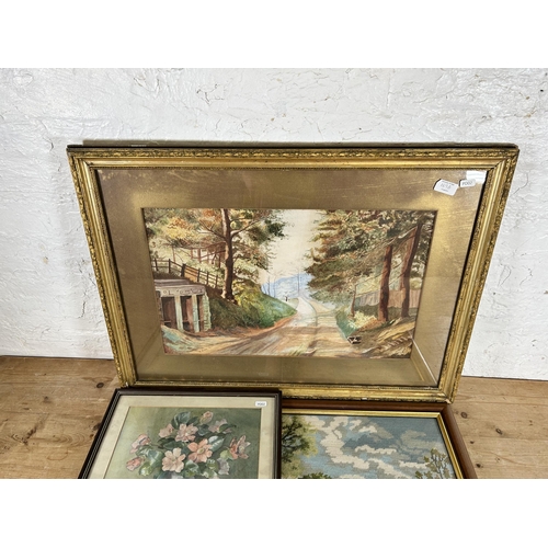 169A - Four framed pictures, one farming scene tapestry, one watercolour signed H. Snow and two Frances M. ... 