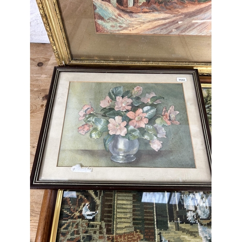 169A - Four framed pictures, one farming scene tapestry, one watercolour signed H. Snow and two Frances M. ... 