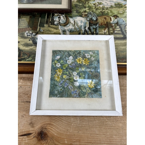 169A - Four framed pictures, one farming scene tapestry, one watercolour signed H. Snow and two Frances M. ... 