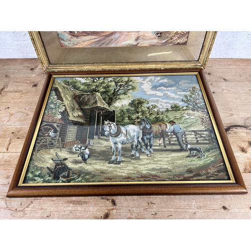 169A - Four framed pictures, one farming scene tapestry, one watercolour signed H. Snow and two Frances M. ... 