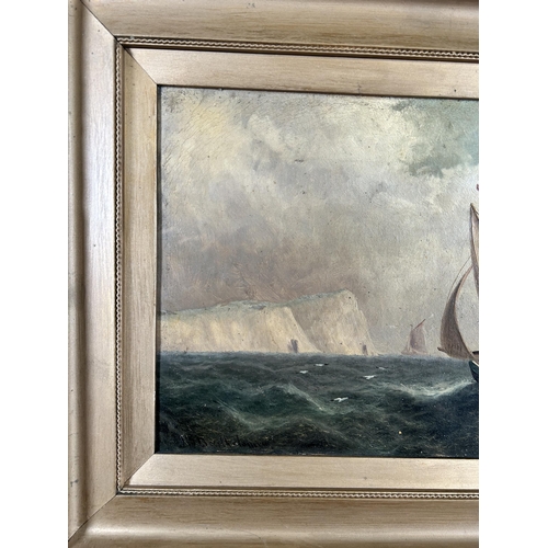 182 - A late 19th century gilt framed oil on canvas of a seascape, signed J. W. Bartholomew - with BBC Ant... 