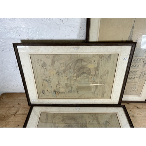 185 - Three 1940s framed architectural drawings by W. L. Starling. A. R. I. B. A - all approx. 79cm x 56cm