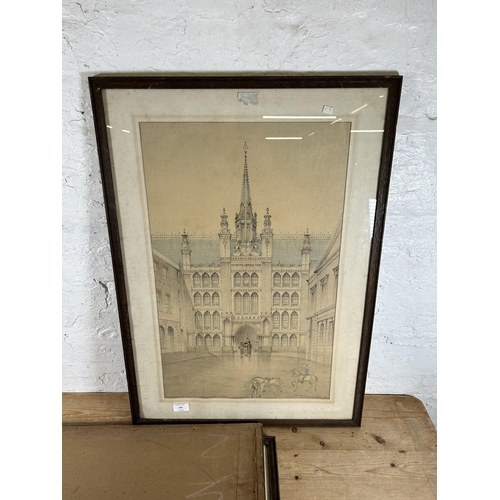 185 - Three 1940s framed architectural drawings by W. L. Starling. A. R. I. B. A - all approx. 79cm x 56cm