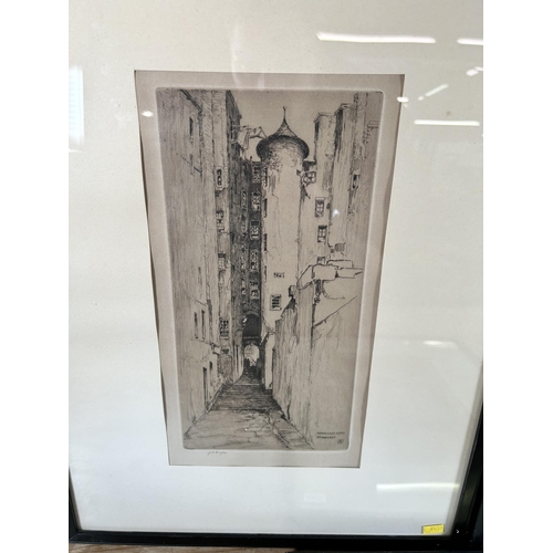 201A - Three 19th century framed etchings of Edinburgh by J. S. C. Simpson - all approx. 53cm high x 39.5cm... 