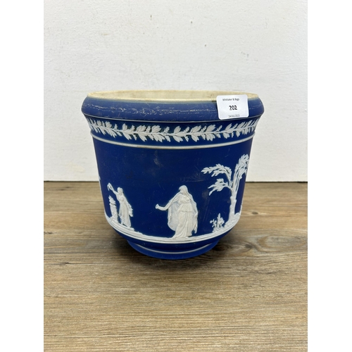 202 - A 19th century Adams of Tunstall blue Jasperware jardinière - approx. 20cm high x 21cm diameter