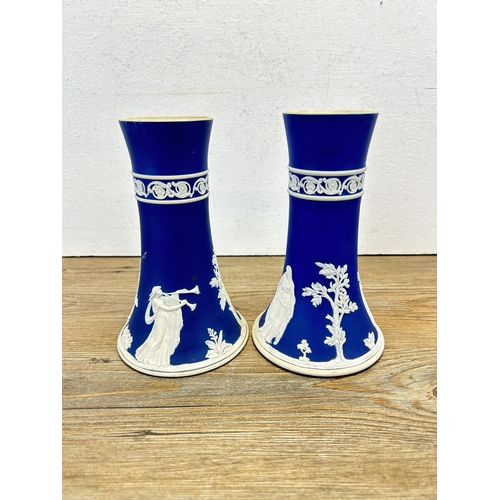 203 - A pair of 19th century Adams of Tunstall blue Jasperware vases - approx. 17cm high