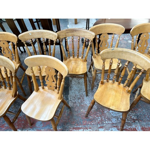 131 - Fourteen Victorian style beech farmhouse dining chairs