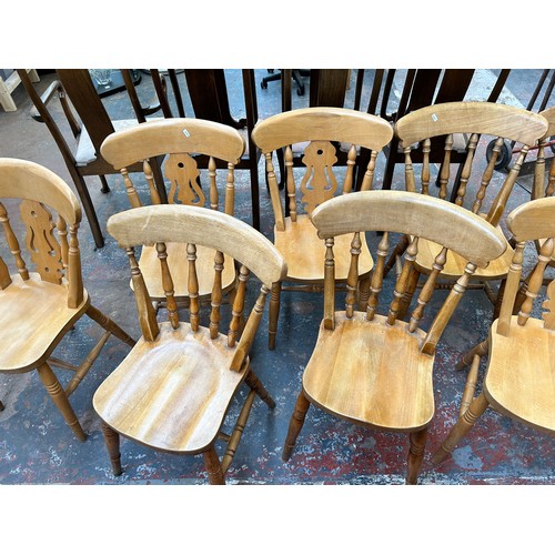 131 - Fourteen Victorian style beech farmhouse dining chairs