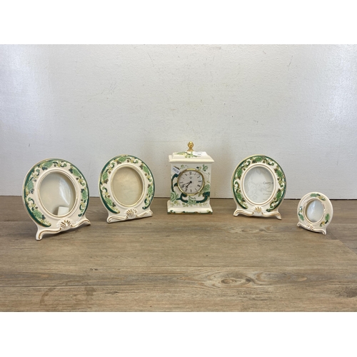 234 - Five pieces of Mason's Chartreuse ironstone pottery, four photo frames and one quartz clock