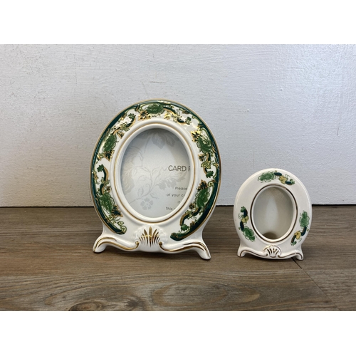 234 - Five pieces of Mason's Chartreuse ironstone pottery, four photo frames and one quartz clock