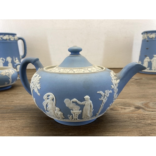 243 - Five pieces of 19th century Wedgwood pale blue Jasperware