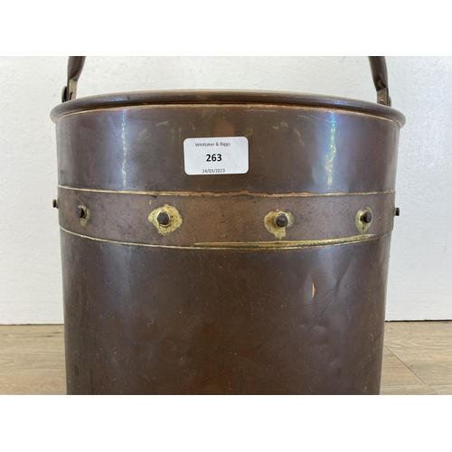 263 - A Victorian style copper and brass cylindrical coal bucket - approx. 32cm high x 32cm dimeter