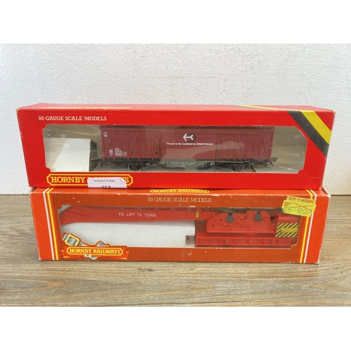 353 - Five boxed Hornby 'OO' gauge model railway accessories to include R739 operating crane, R488 BR Mk 3... 