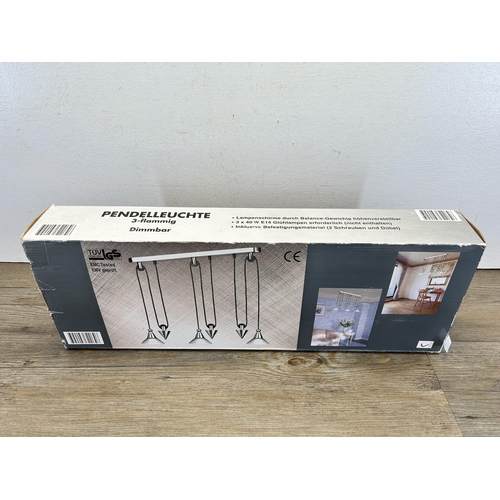 500 - A boxed GS three flame dimmable pendulum lamp