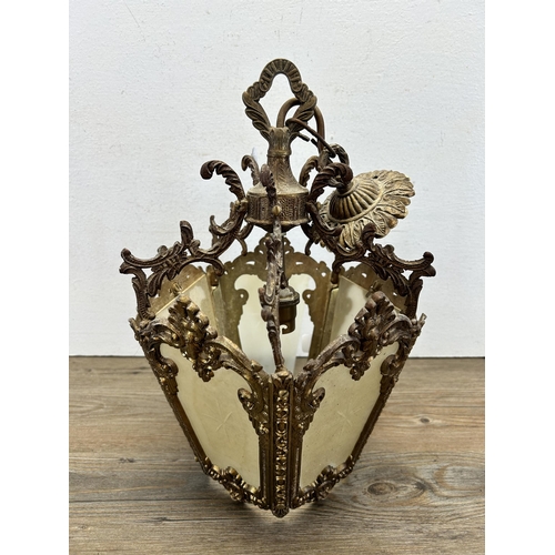 501 - A Victorian style gilt metal and glass hanging pendant light - approx. 36cm high