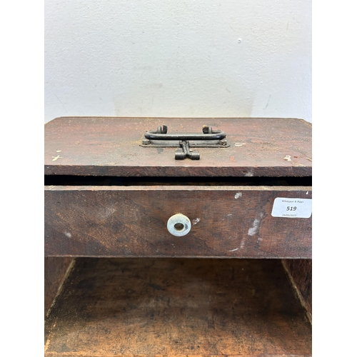 519 - Two items, one early 20th century stained pine tools cabinet and one mid 20th century pine tool box