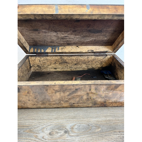 519 - Two items, one early 20th century stained pine tools cabinet and one mid 20th century pine tool box