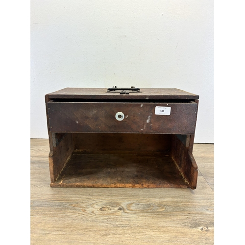 519 - Two items, one early 20th century stained pine tools cabinet and one mid 20th century pine tool box