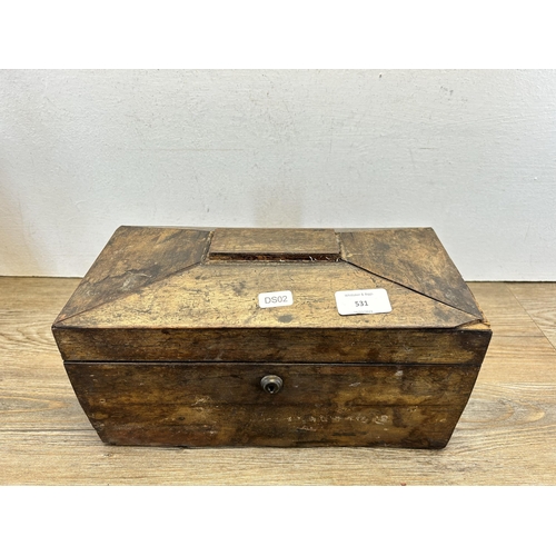 531 - A Georgian rosewood sarcophagus tea caddy - approx. 17cm high x 31cm wide x 16cm deep