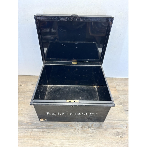 546 - An early 20th century Holmes & Son black metal deed box - approx. 26cm high x 43cm wide x 33cm deep