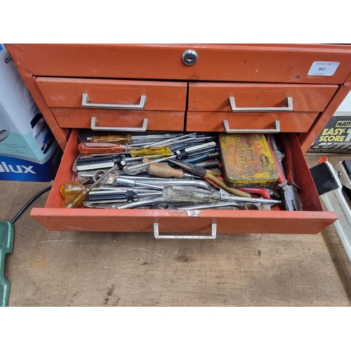 847 - A vintage metal tool box containing tools to include Record pipe wrench, spanners, cased Tipco socke... 