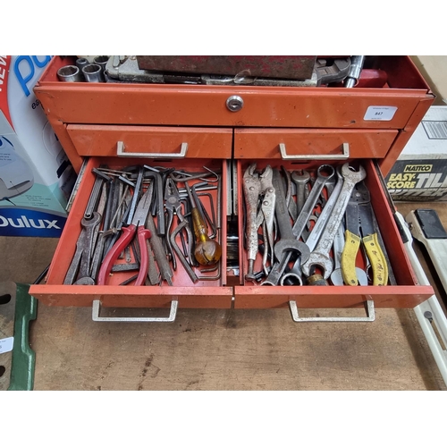 847 - A vintage metal tool box containing tools to include Record pipe wrench, spanners, cased Tipco socke... 