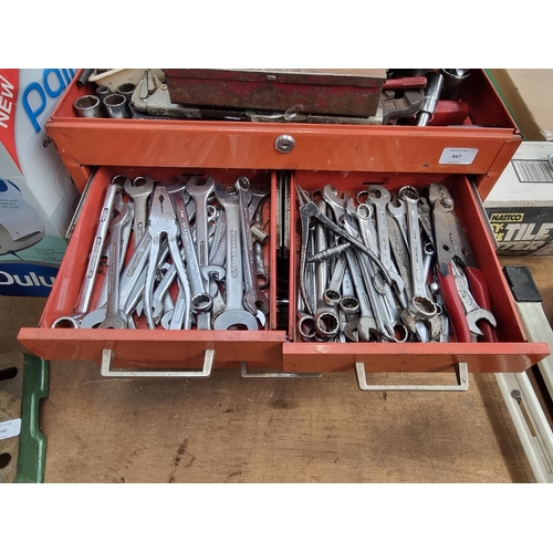 847 - A vintage metal tool box containing tools to include Record pipe wrench, spanners, cased Tipco socke... 